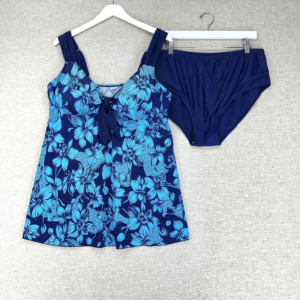 Tankini Swimsuit Women 62 (20W) Blue Tropical Floral 2 Piece Plus Set High Waist